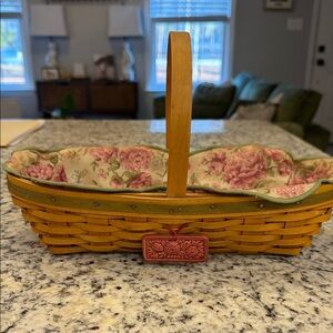 Longaberger Floral Lined Woven Basket with Handle